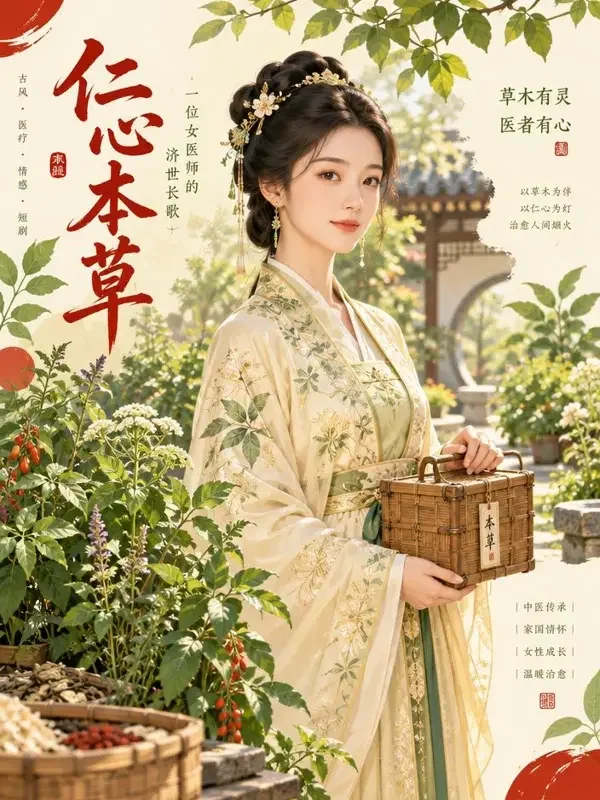 51短剧网《天才医妃》封面海报，古院中执药的医女