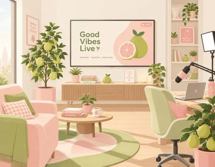 51短剧网团队创作空间插画，屏幕与柚子树盆栽