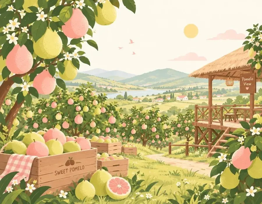 51短剧网品牌故事插画，阳光下的柚子园与观剧小屋